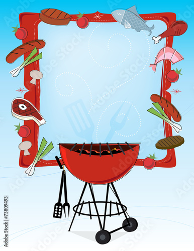 Stylized grilled food icons and bbq grill with frame and copyspa