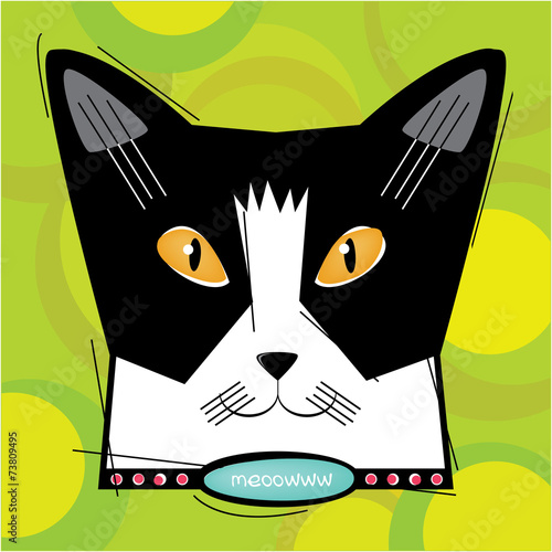 Retro-stylized cat face on a colorful background