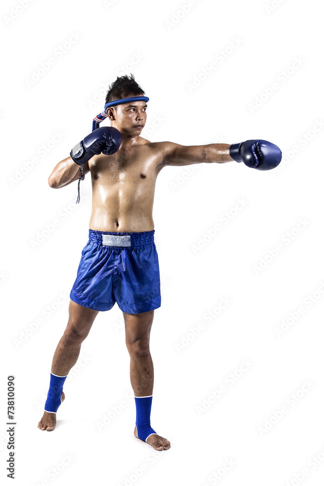 Muay thai, Asian man exercising thai boxing isolated on white