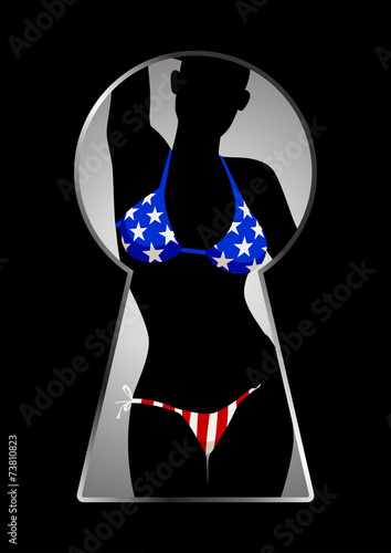 Woman figure in USA insignia bikini seen through a keyhole