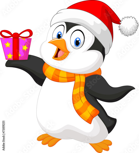 Cute penguin holding present