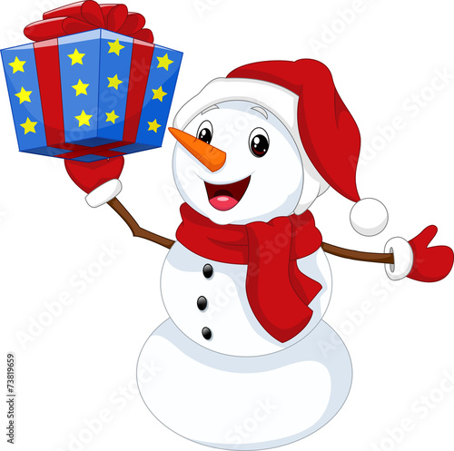 Cute cartoon snowman with gift
