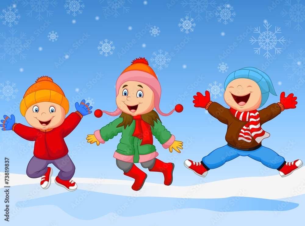 Group of children jumping together in wintertime Group of children jumping together in wintertime