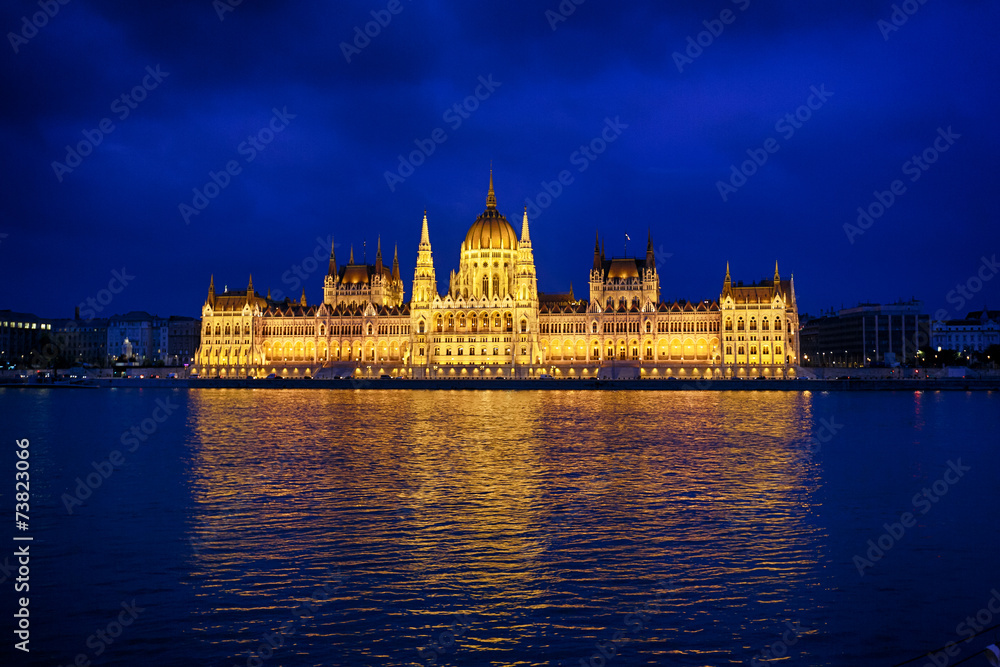 Budapest Parliament at night with reflection in Danube river