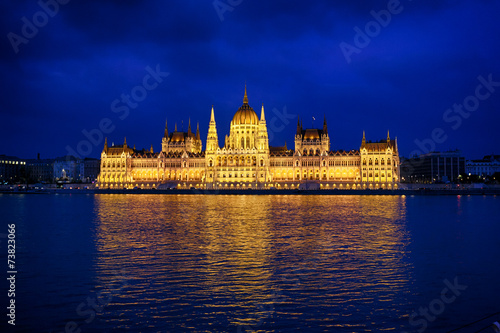 Budapest Parliament at night with reflection in Danube river