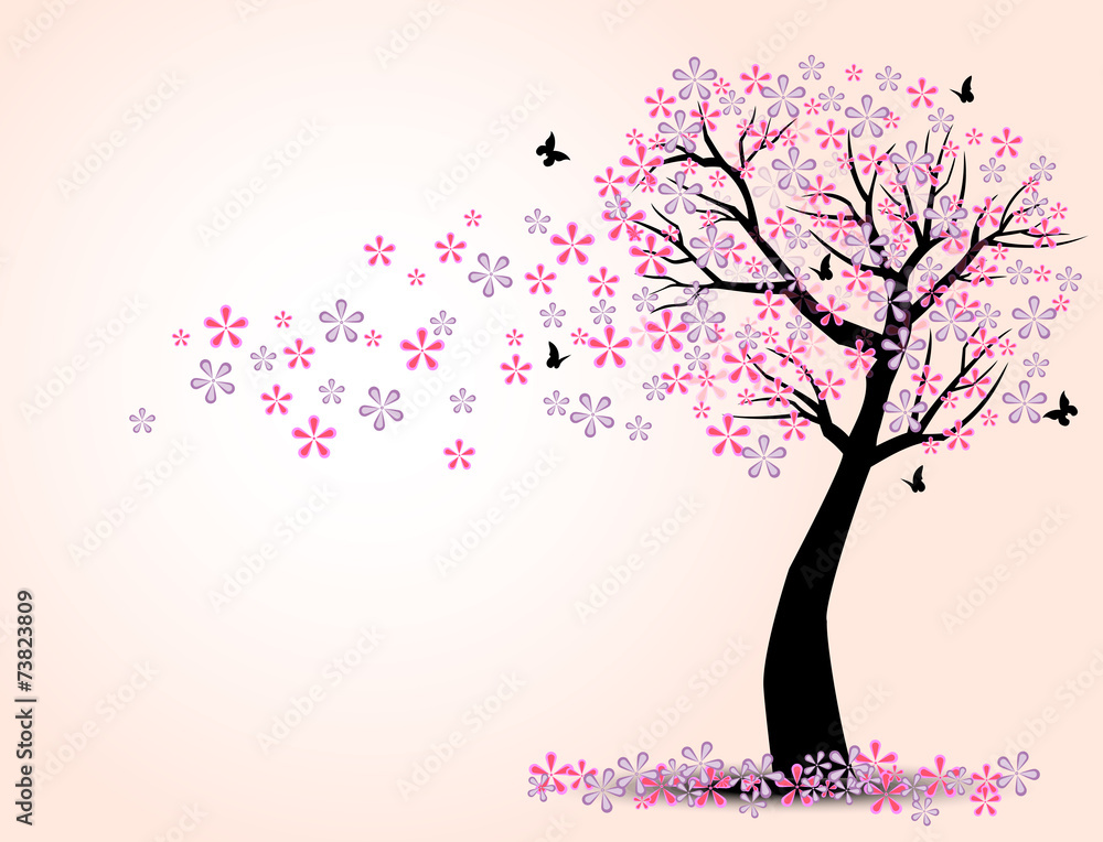 Naklejka premium the silhouette of cherry trees and butterfly vector