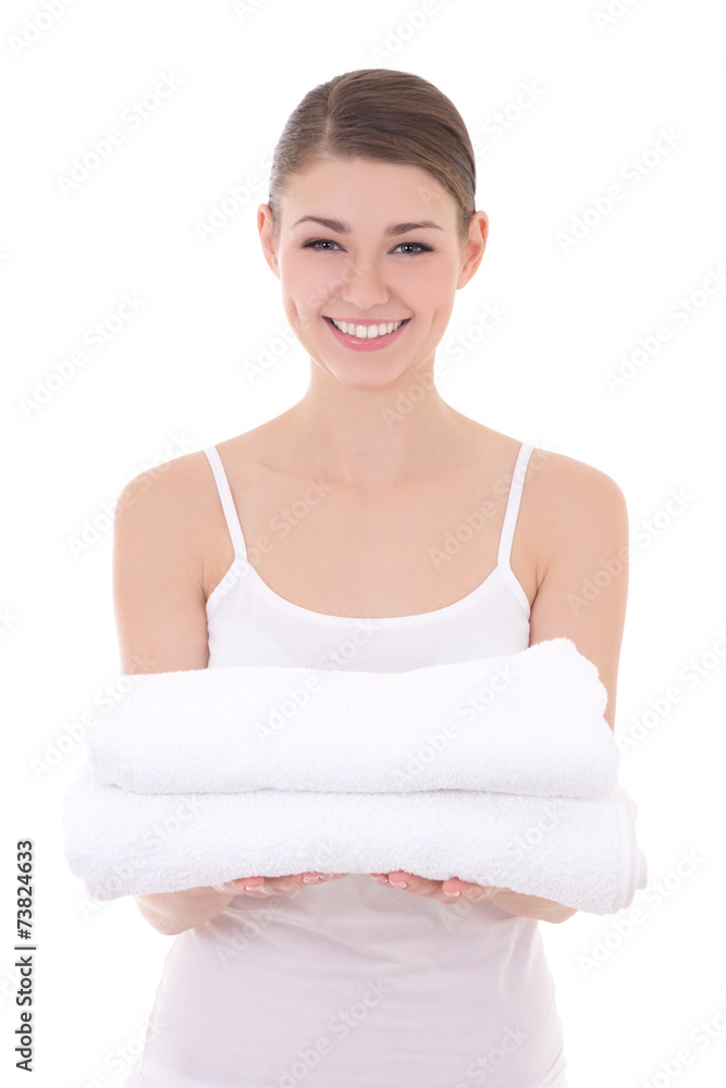happy young beautiful slim woman holding towels isolated on whit happy young beautiful slim woman holding towels isolated on whit
