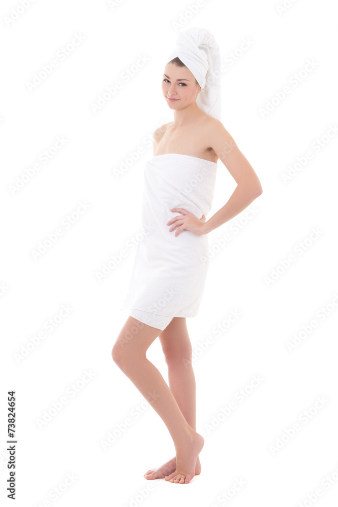 young beautiful woman wrapped in towel isolated on white - full young beautiful woman wrapped in towel isolated on white - full