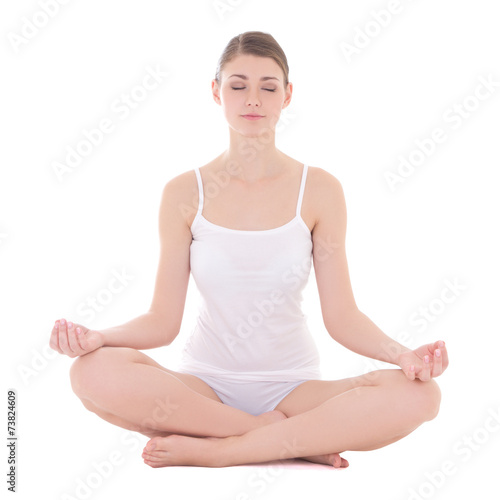 young slim woman in cotton underwear doing yoga isolated on whit