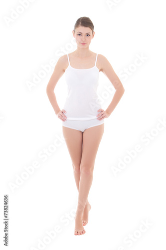 young beautiful slim woman in cotton underwear isolated on white © Di Studio