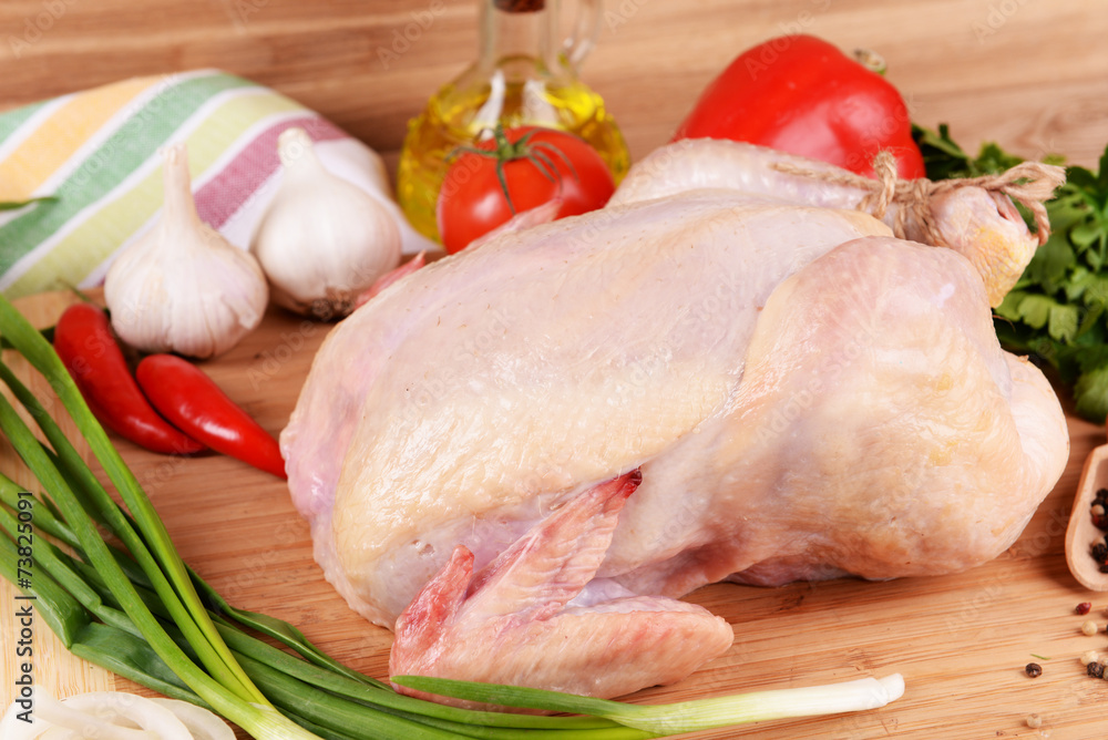 Raw chicken on wooden table