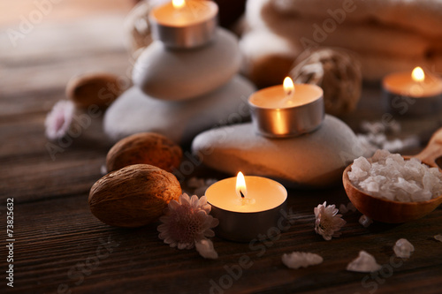 Composition of spa treatment on wooden background