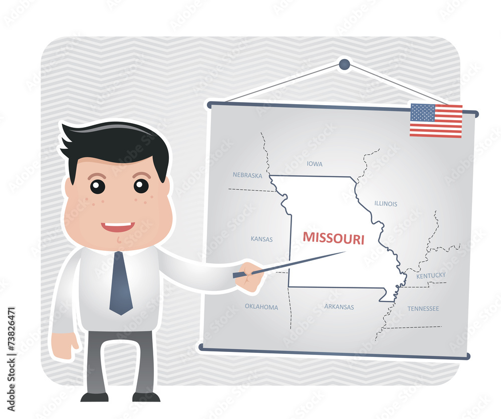 Man with a pointer points to a map of MISSOURI Man with a pointer points to a map of MISSOURI
