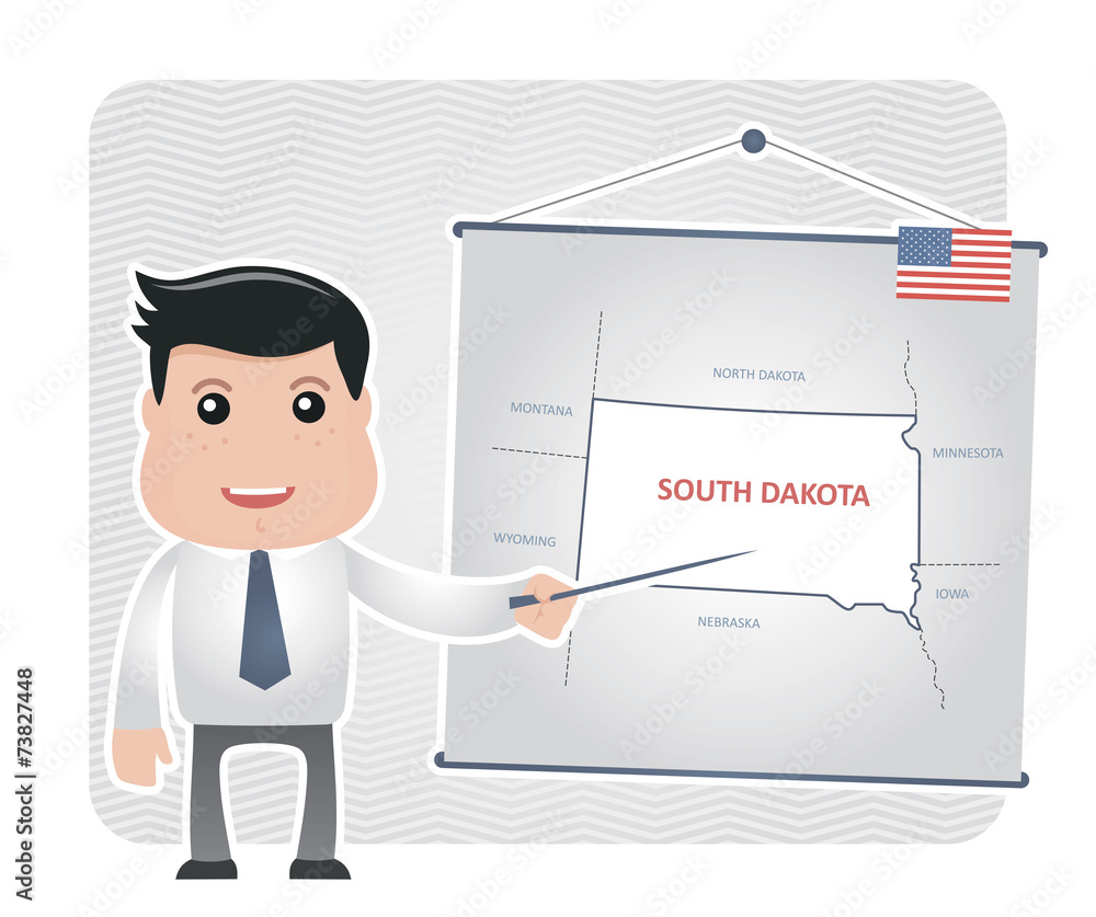Man with a pointer points to a map of SOUTH DAKOTA Man with a pointer points to a map of SOUTH DAKOTA