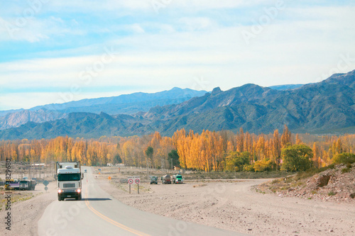 mountain road from Mendoza to Santiago with autumn colors