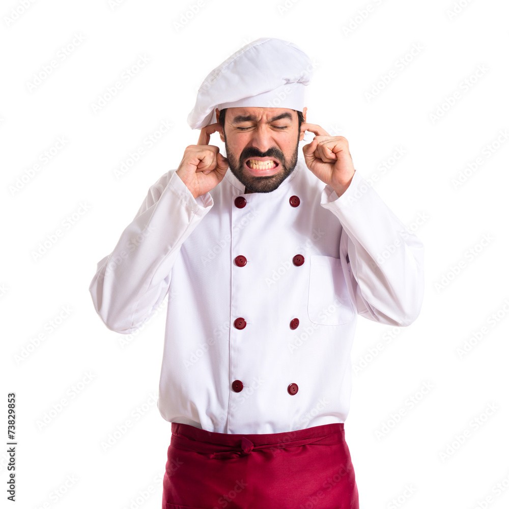 Chef covering his ears over white background Chef covering his ears over white background