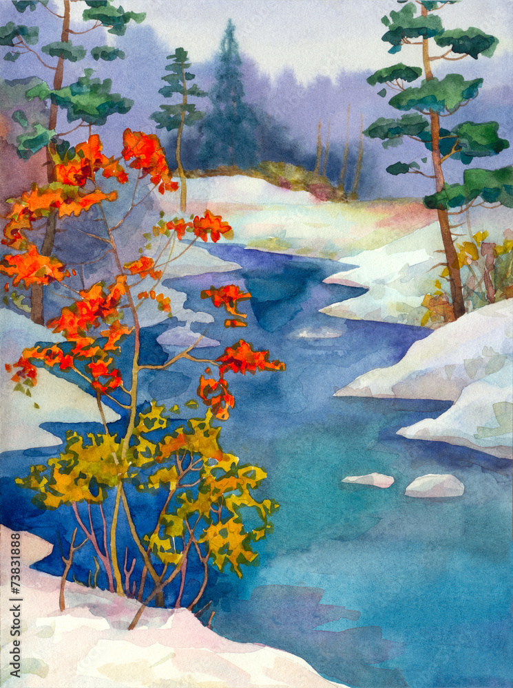 Obraz premium The brook in the winter forest