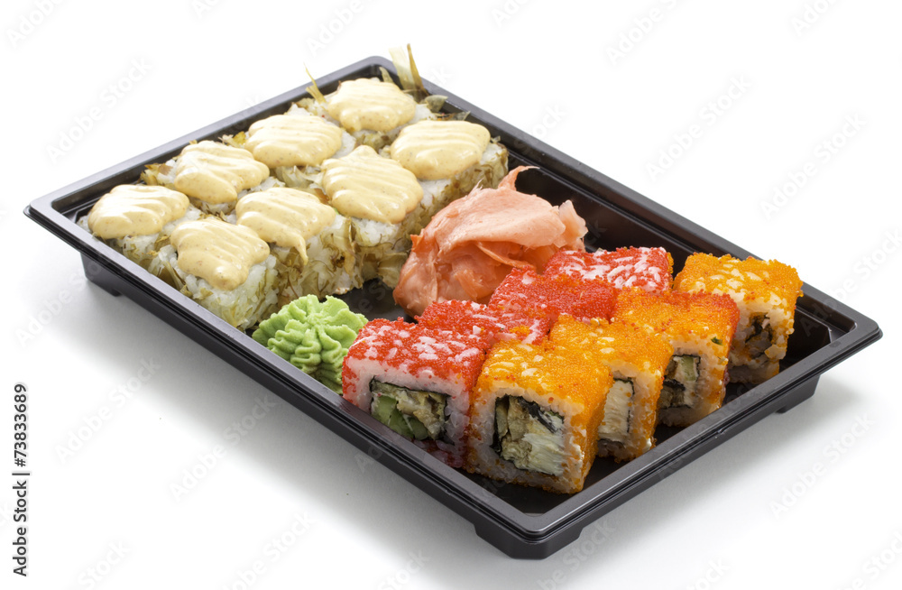 Set of sushi in black plastic box Set of sushi in black plastic box
