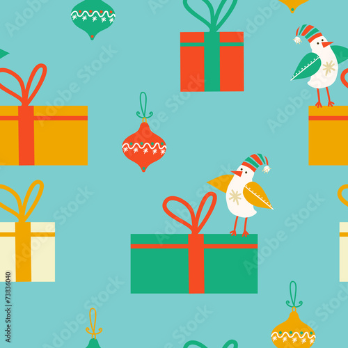 Christmas pattern with cute birds in winter style.