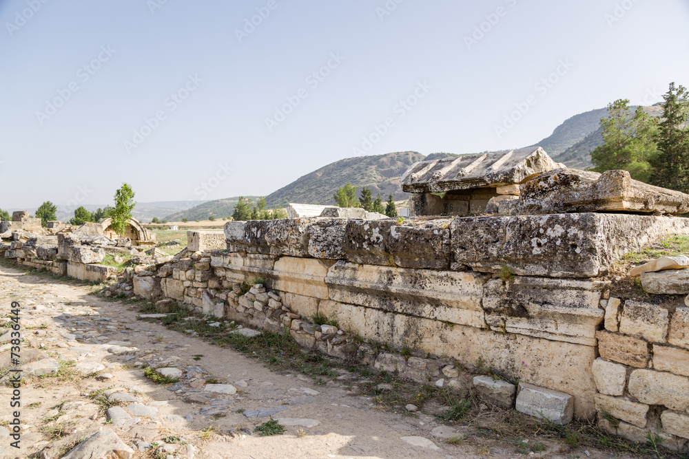 Pamukkale, Turkey. Ancient ruins in the necropolis of Hierapolis