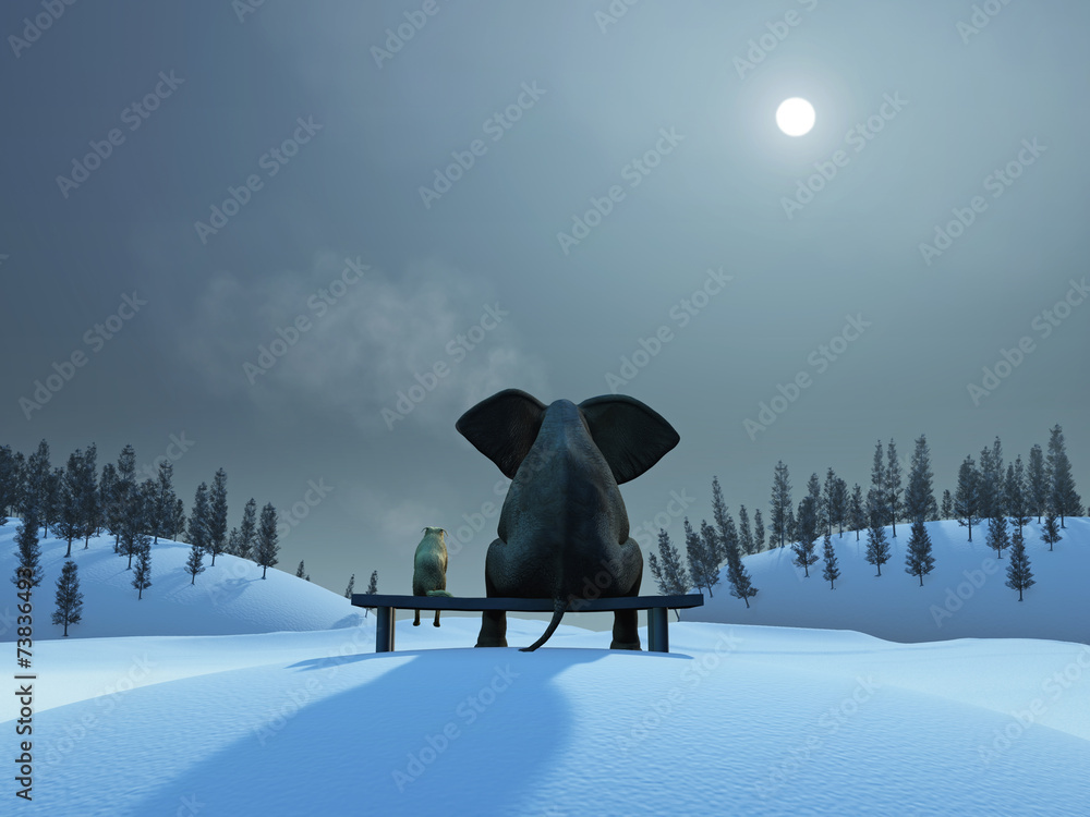 elephant and dog at Christmas night - obrazy, fototapety, plakaty 