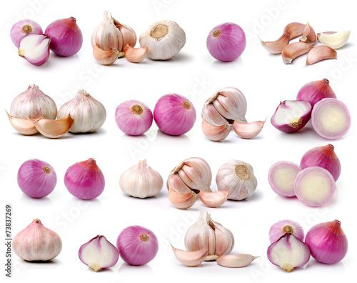 garlic and shallots on white background