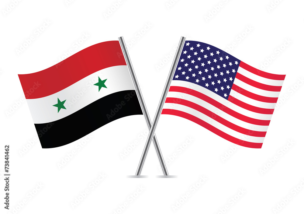 American and Syrian flags. Vector illustration.