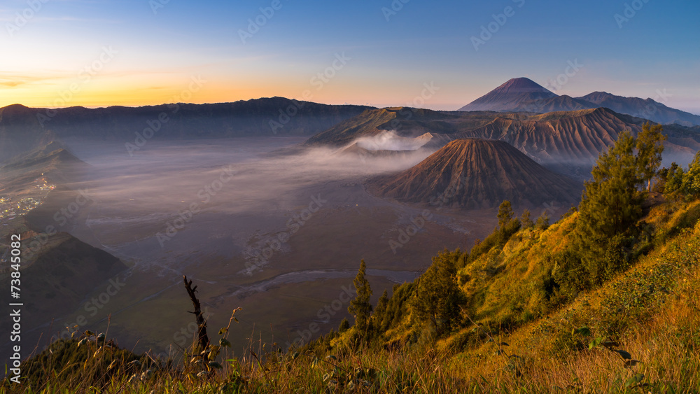 Panoramic view of Bromo mountain in the morning sunrise