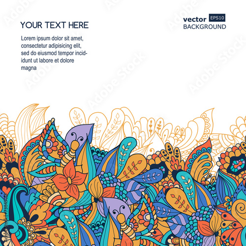 Hand-drawn doodle waves floral pattern; abstract colorful leaves