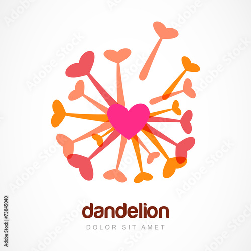 Abstract heart dandelion flower symbol. Vector logo template. De