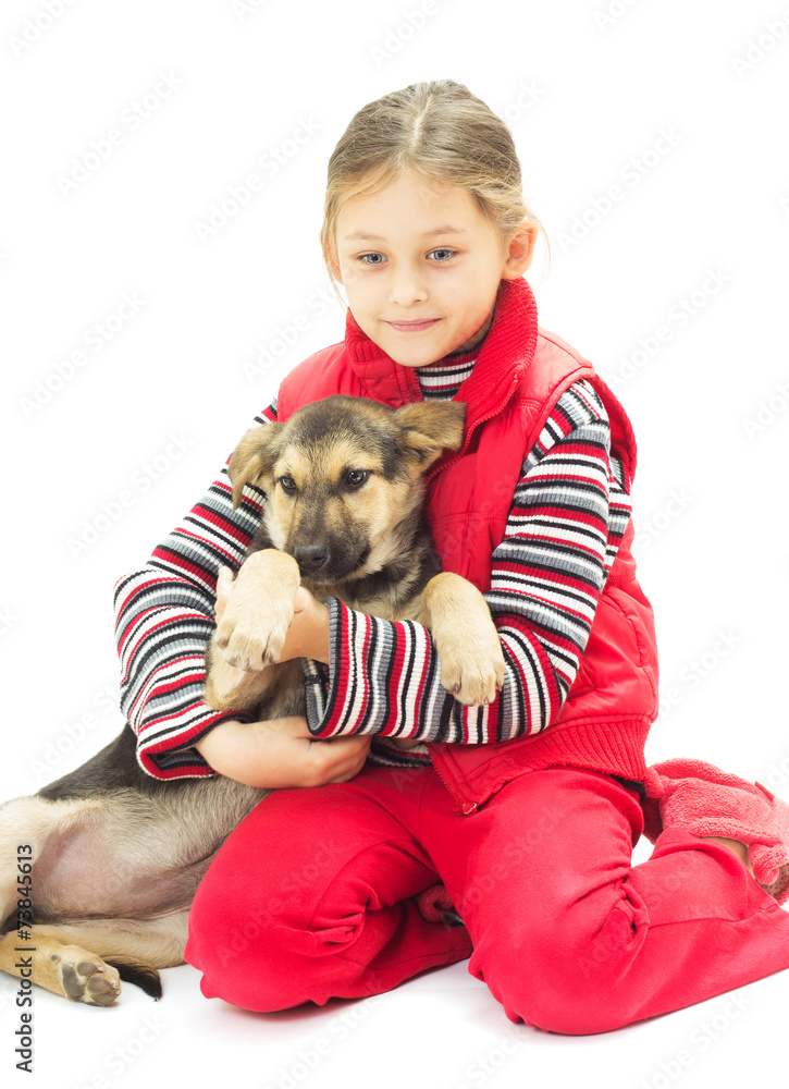 little girl and dog on white background isolated little girl and dog on white background isolated