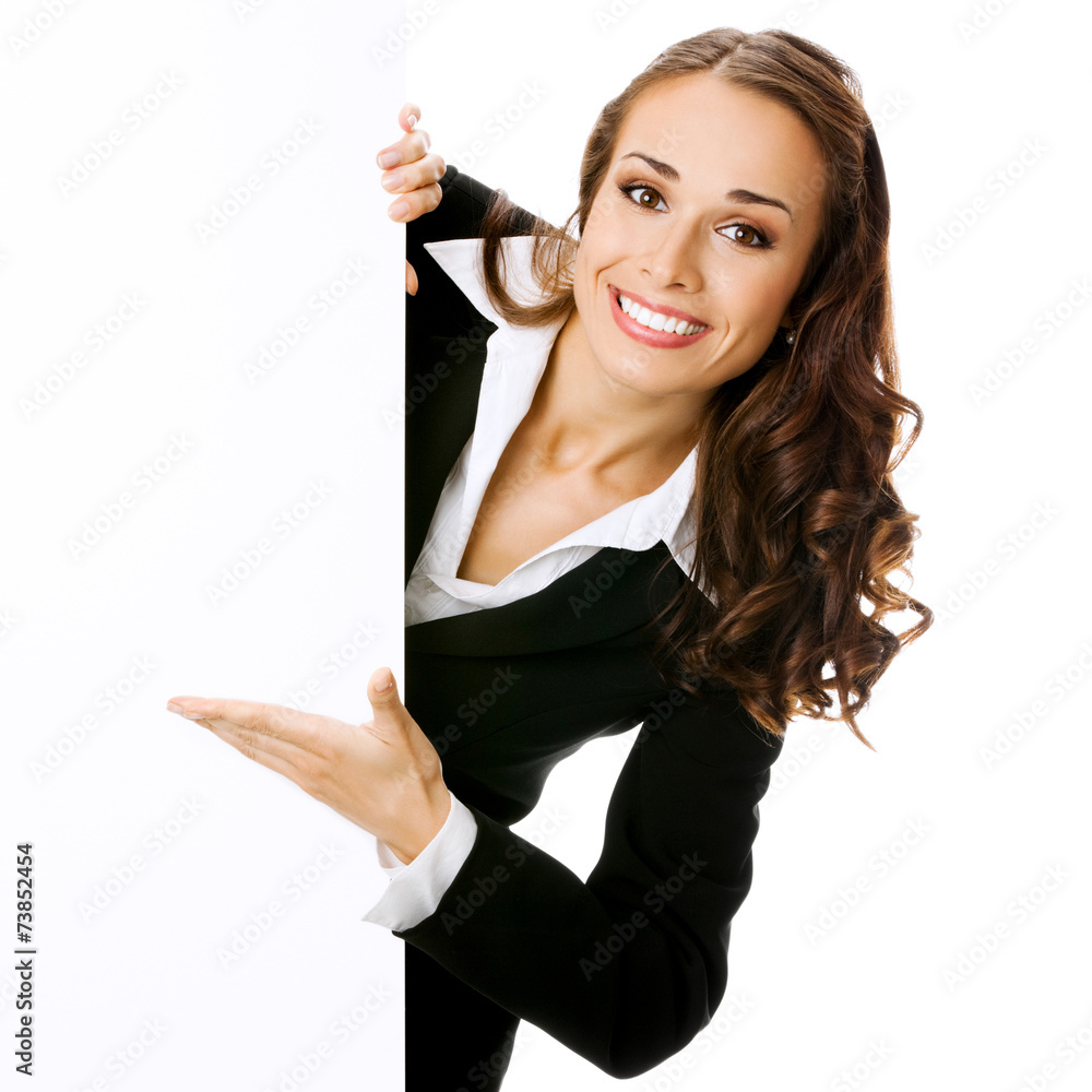 Businesswoman showing blank signboard, isolated Businesswoman showing blank signboard, isolated