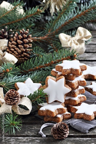Christmas cookies on a rustic wooden table.