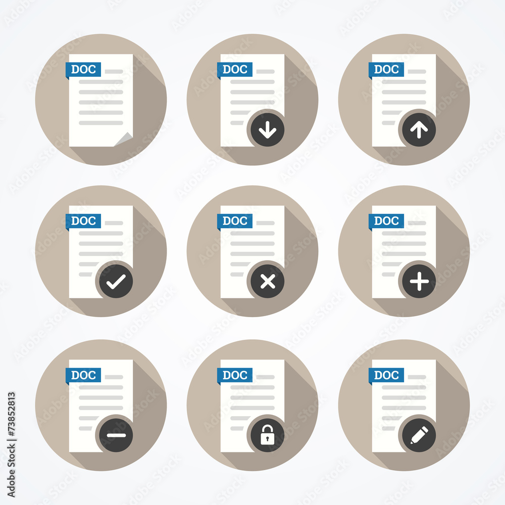 Set of doc file icons with long shadows on round background. Set of doc file icons with long shadows on round background.