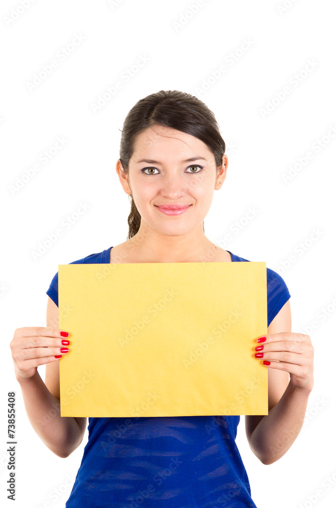 beautiful young woman holding yellow blank sign card beautiful young woman holding yellow blank sign card
