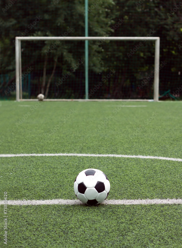 Fototapeta premium White and black ball for playing soccer against gate close-up
