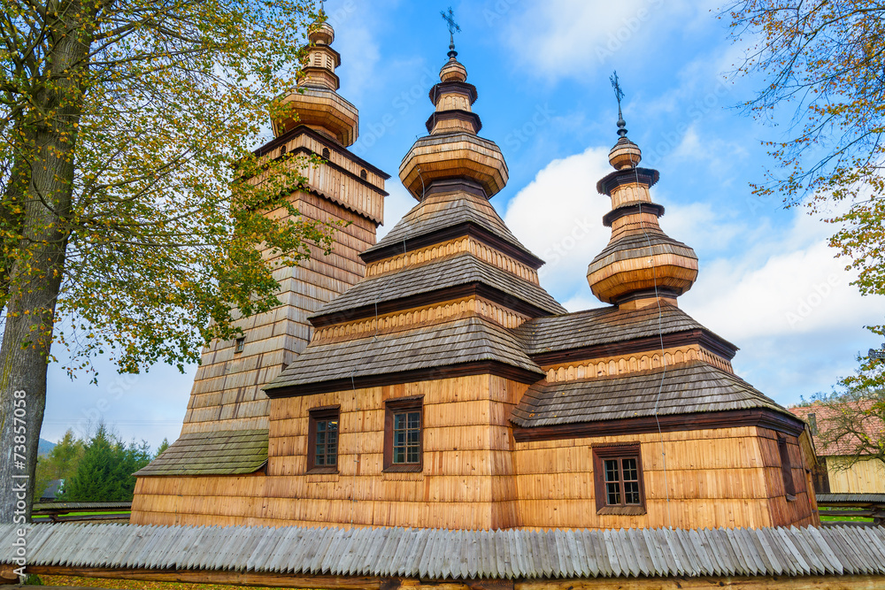 Wooden church in Kwiaton village, Beskid Niski Mountains, Poland