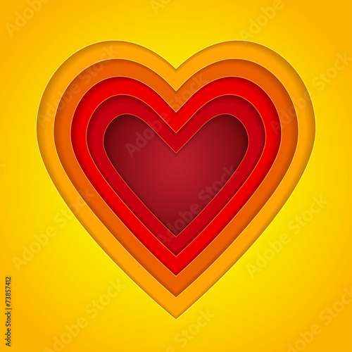 Colorful red, orange and yellow paper layers heart shape