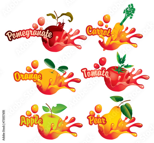 set of drawings with the names of fruits and juice splashes