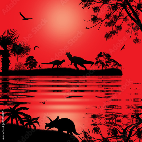 Dinosaurs silhouettes in beautiful landscape