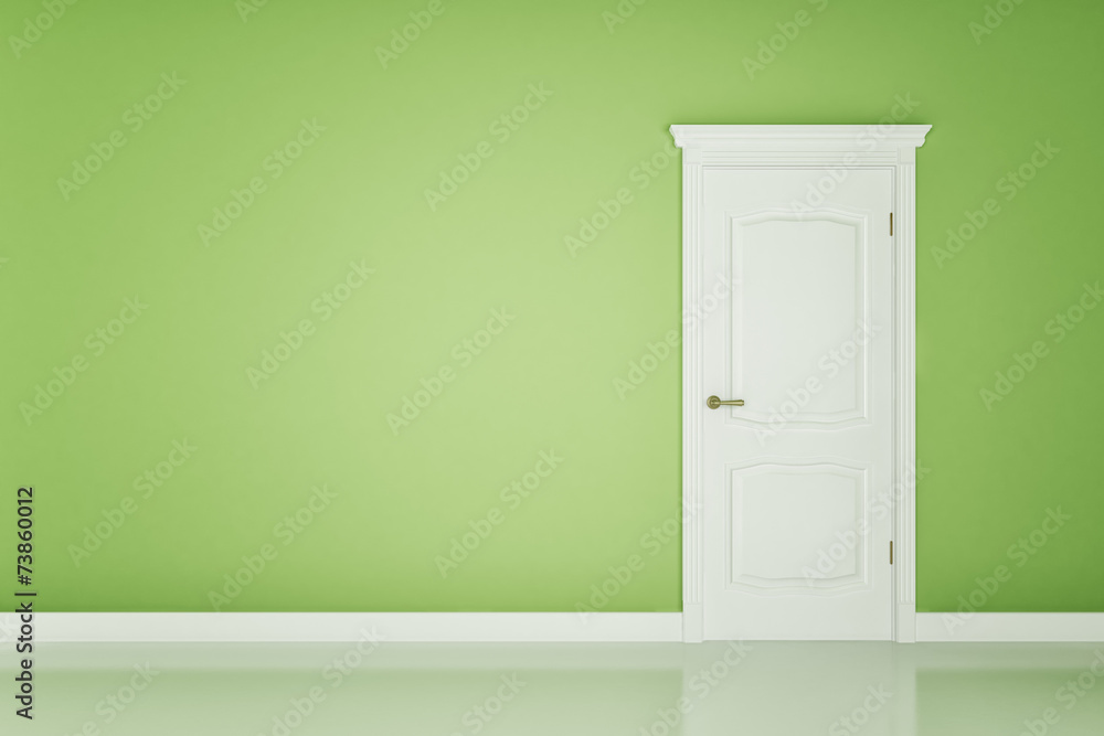 Closed white door on green wall Closed white door on green wall