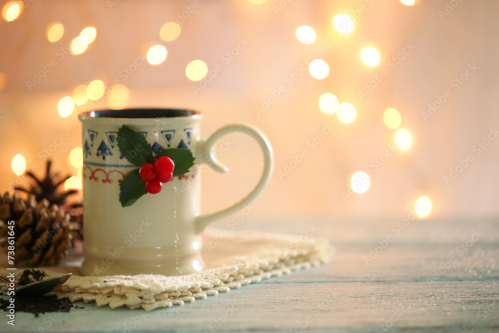 Christmas composition with cup of hot drink, on wooden table Christmas composition with cup of hot drink, on wooden table