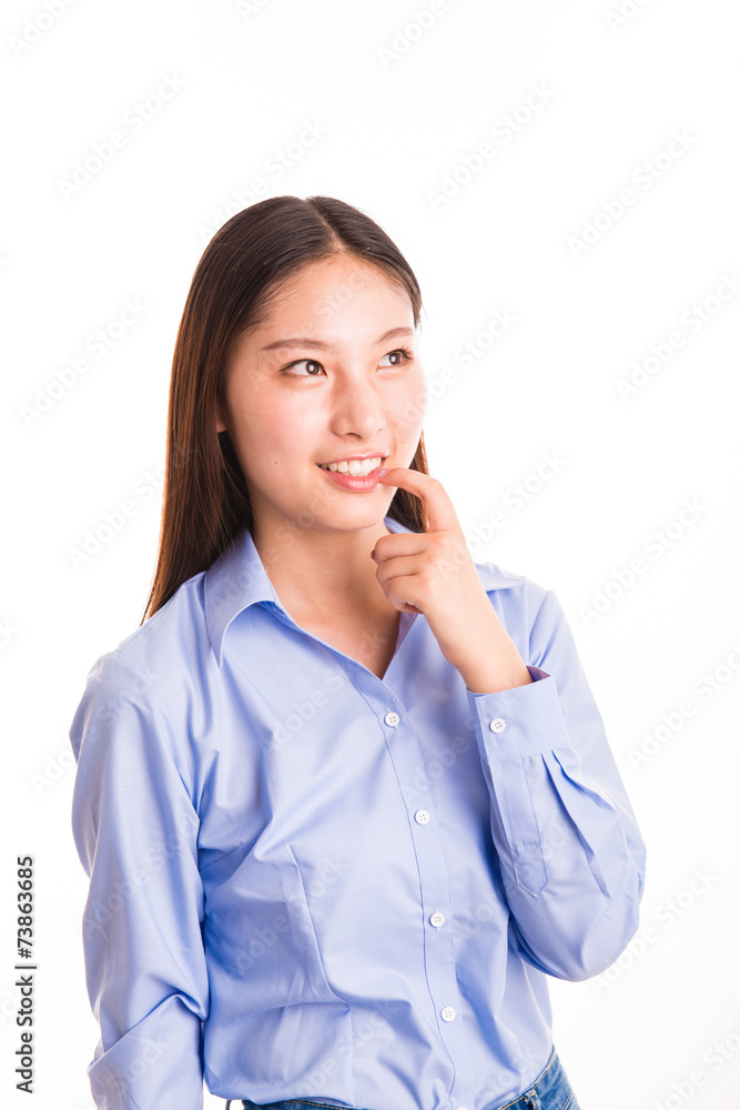 Young business woman standing isolated on white
