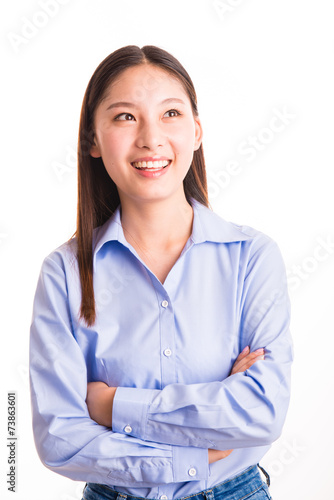 Young business woman standing isolated on white