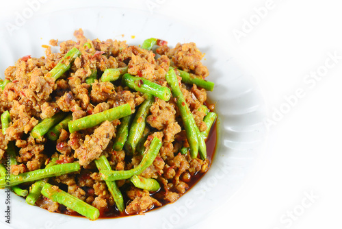 Fried chilli paste sauce with pork with cowpea  thai food ,isola
