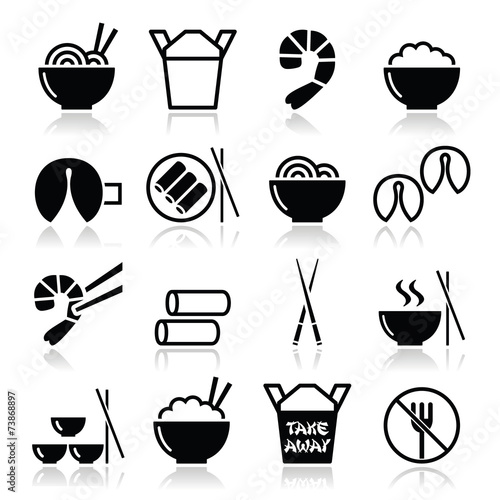 Chinese take away food icons - pasta, rice, spring rolls
