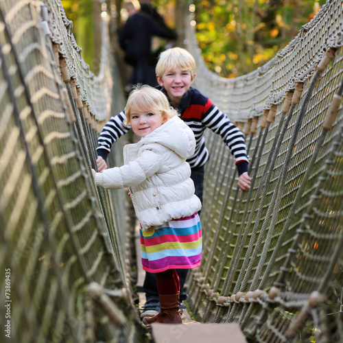 Brother and sister climbing on the rope bridge in adventure park