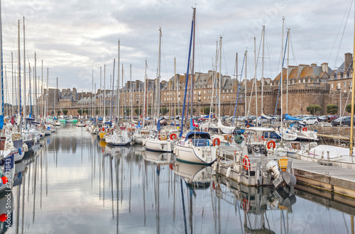 Boats in the port of historical city Saint Malo, France
