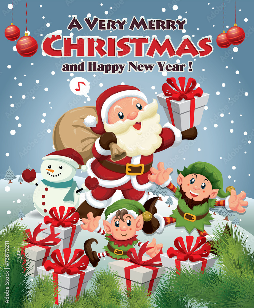 Fototapeta premium Vintage Christmas poster design with Santa Claus & elf