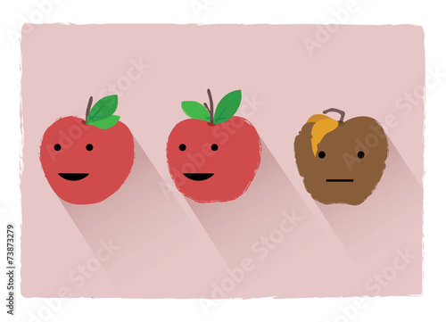 Two happy good apples and one brown rot apple